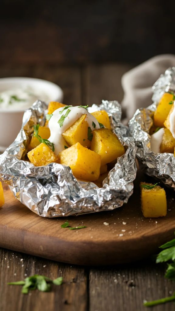 Baked Potatoes in Foil Packets with Parmesan Ranch Sauce Recipe