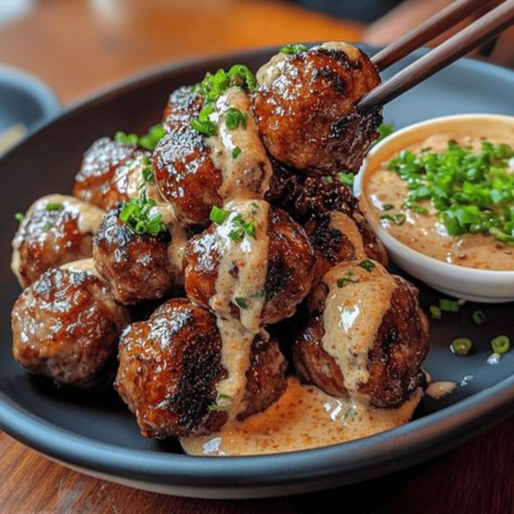 Korean BBQ Meatballs with Spicy Mayo Dip
