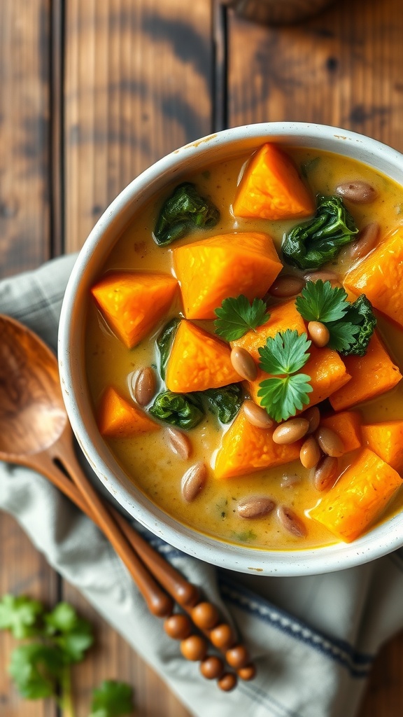 Vegan Ginger Sweet Potato Coconut Milk Stew with Lentils and Kale Recipe