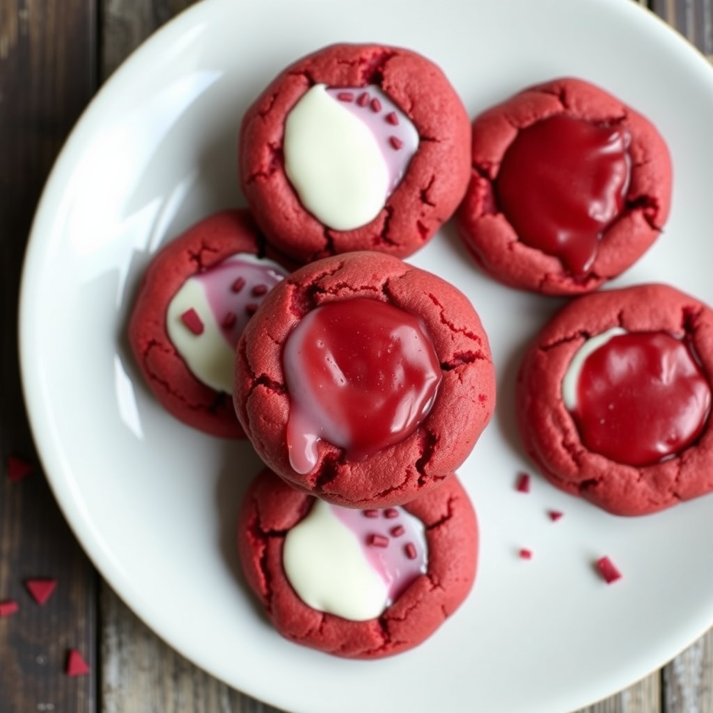 Delicious Red Velvet Thumbprint Cookies with Cream Cheese Red velvet thumbprint cookies with cream cheese filling on a rustic plate, surrounded by crumbs.