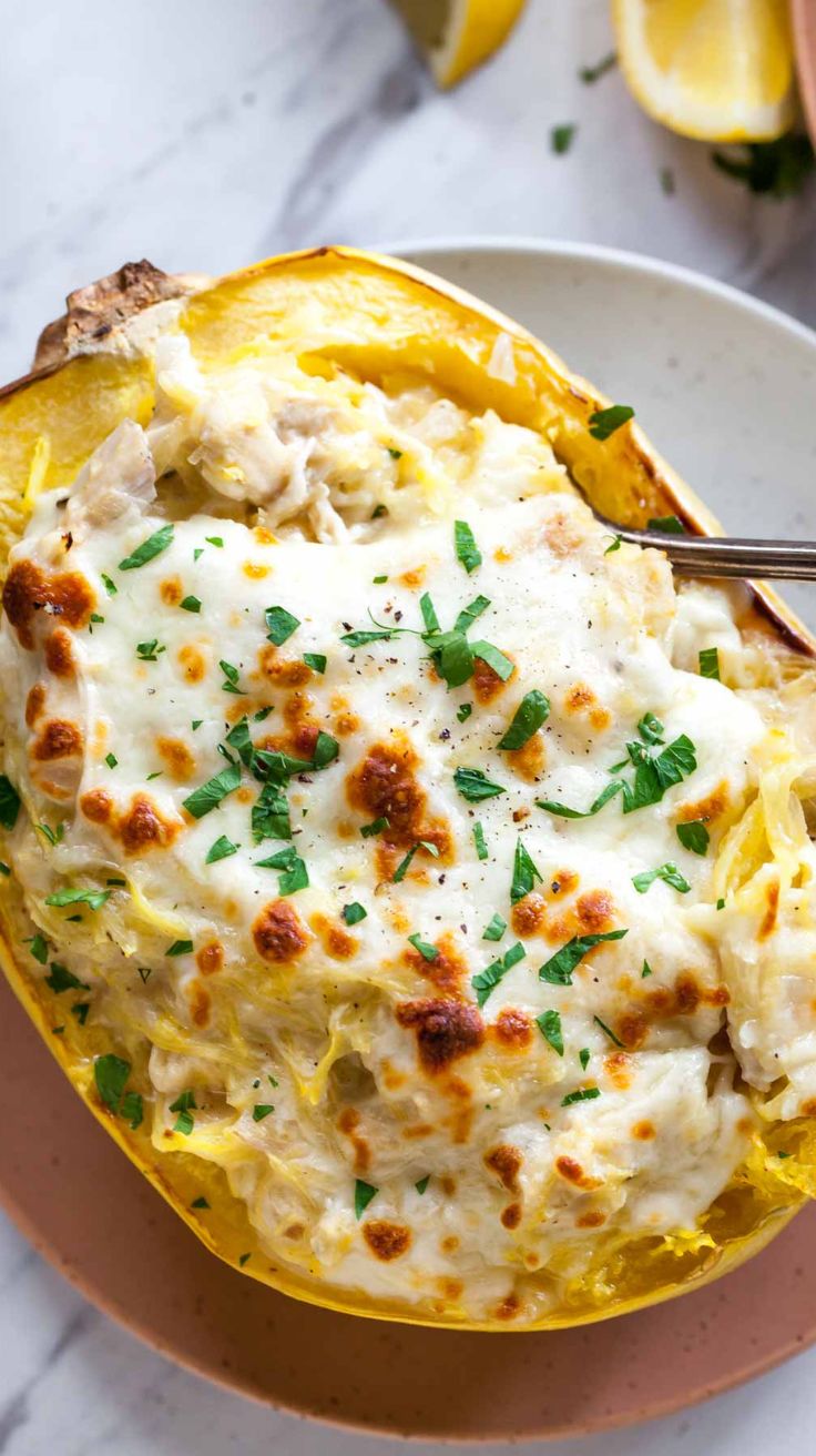 Skinny Chicken Alfredo Stuffed Spaghetti Squash