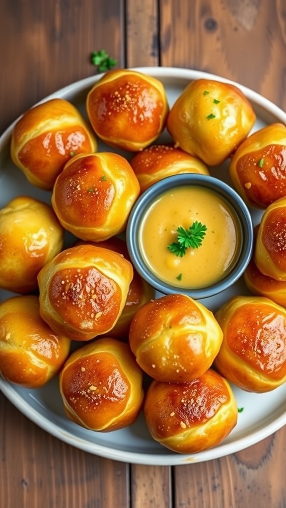 Savory Garlic Parmesan Cheeseburger Bombs Recipe Garlic parmesan cheeseburger bombs on a plate, garnished with parsley and a bowl of dipping sauce.