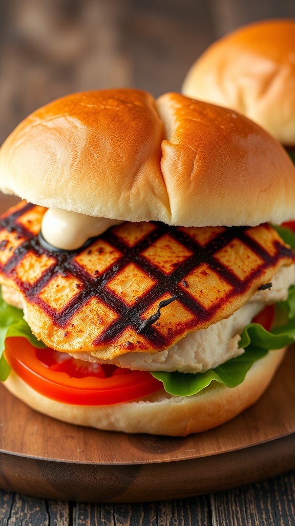 Delicious Grilled Chicken Sandwich Recipe A grilled chicken sandwich with lettuce and tomato on toasted buns.
