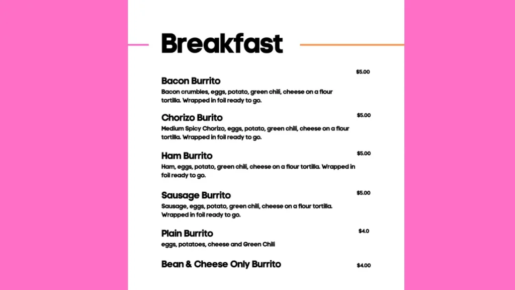 Nutrition and Calories Rosas Breakfast Menu